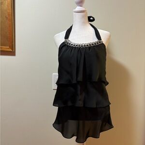White House Black Market black ruffled halter top with chain sz 6